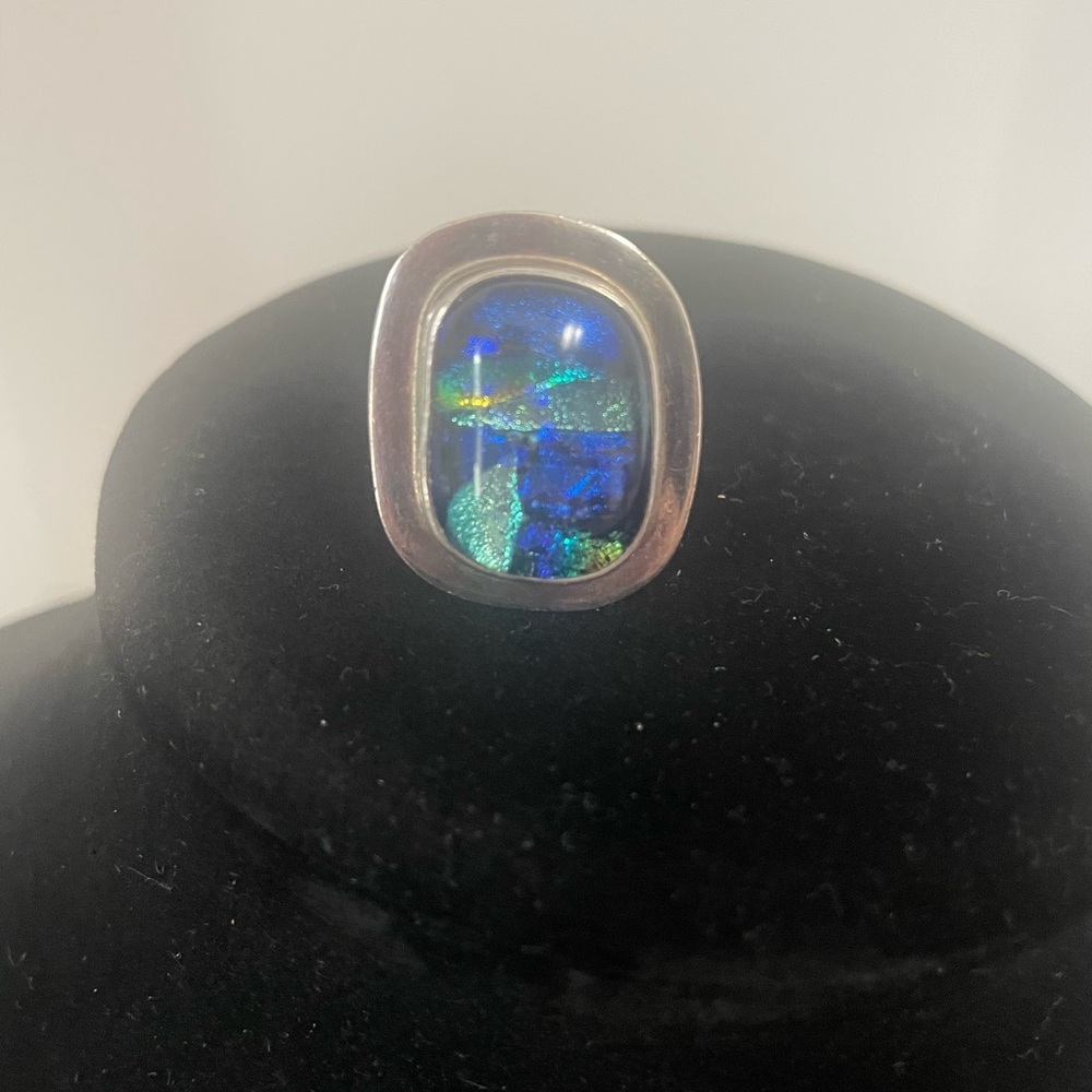 Silver Ring with Blue and Green Dichroic Glass Signed (Mexico)